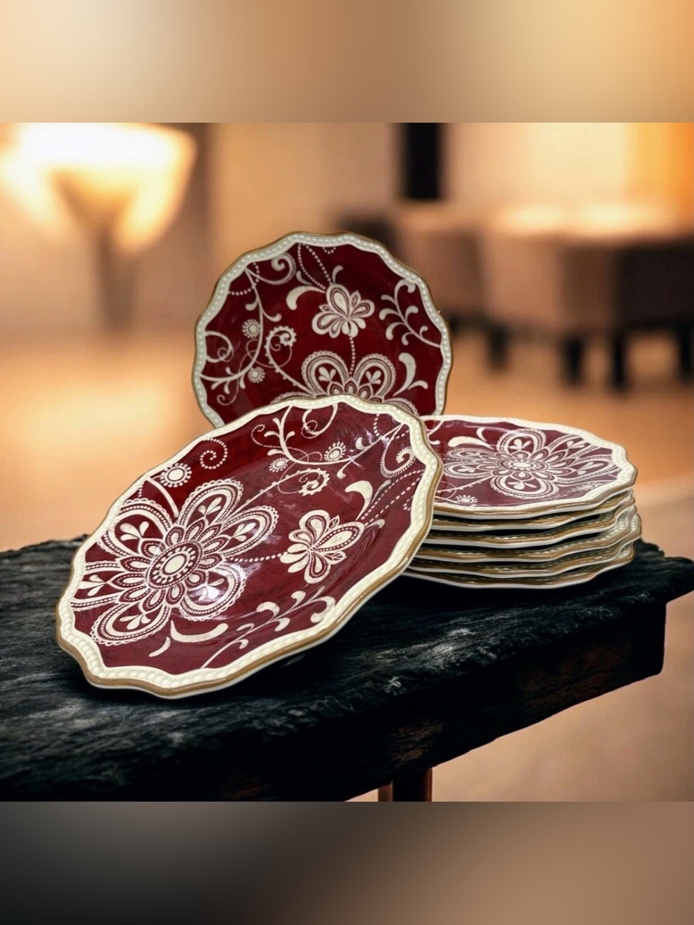 Pier 1 Imports Maribeth Burgundy Floral Scalloped Salad Plates 8 7/8” Set of 8